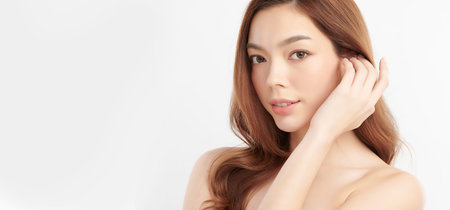 Beautiful young asian woman with clean fresh skin on white background, Face care, Facial treatment,...