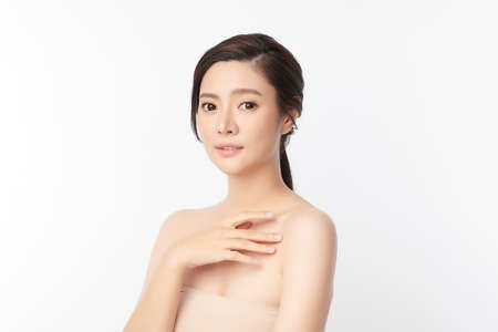 Beautiful young asian woman with clean fresh skin on white background, Face care, Facial treatment, Cosmetology, beauty and spa, Asian women portrait.の写真素材