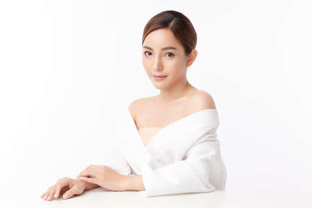 Beautiful young asian woman with clean fresh skin on white background, Face care, Facial treatment, Cosmetology, beauty and spa, Asian women portrait.の写真素材