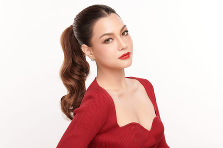 Beautiful young asian woman with clean fresh skin on white background, Face care, Facial treatment,...