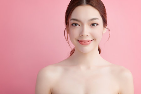 Beautiful young asian woman with clean fresh skin on pink background, Face care, Facial treatment, Cosmetology, beauty and spa, Asian women portrait.の写真素材