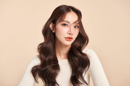 Beautiful young asian woman with clean fresh skin on beige background, Face care, Facial treatment, Cosmetology, beauty and spa, Asian women portrait.の写真素材