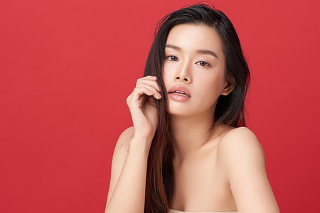 A beautiful young Asian woman with clean, fresh skin against a red background. Skincare, facial treatment, cosmetology, beauty, and spa. An elegant portrait of an Asian woman.の写真素材