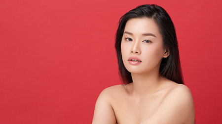 A beautiful young Asian woman with clean, fresh skin against a red background. Skincare, facial treatment, cosmetology, beauty, and spa. An elegant portrait of an Asian woman.の写真素材