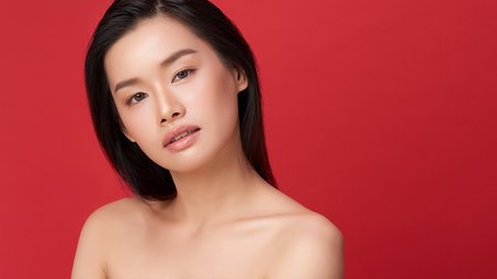 A beautiful young Asian woman with clean, fresh skin against a red background. Skincare, facial treatment, cosmetology, beauty, and spa. An elegant portrait of an Asian woman.の写真素材