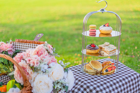 catering wedding buffet with cake, macaroon and flowerの写真素材