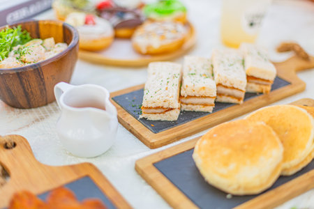 Catering buffet food in hotel restaurant - Vintage Light Filter Processingの写真素材