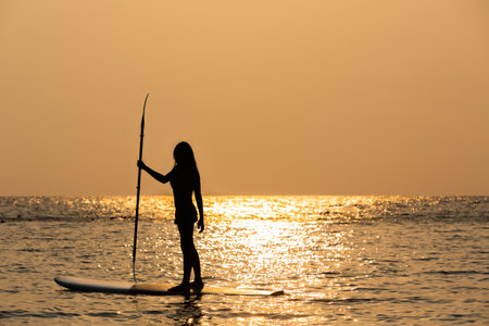 Silhouette of a girl stand up paddle board in the sea at sunset.の写真素材