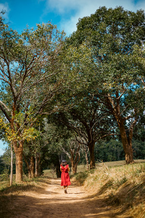 Young woman in red dress walking on a dirt road through the treesの写真素材