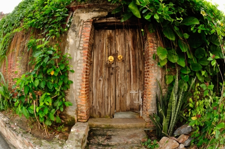 Antique wood door is closed.の写真素材