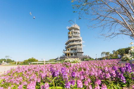 CHIANG RAI, THAILAND - JANUARY 15, 2017 : Zipline Tower at Singha Park, Chiang Rai province, Thailand.のeditorial素材