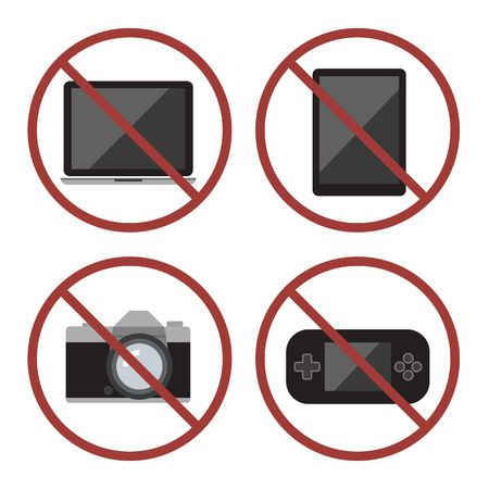 Items not allowed to carry in luggage for boarding. Prohibition icons set. Flat designのイラスト素材