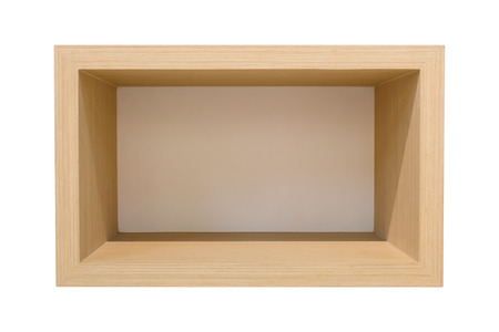 Empty wooden shelves isolated on white background. Clipping paths included.の写真素材
