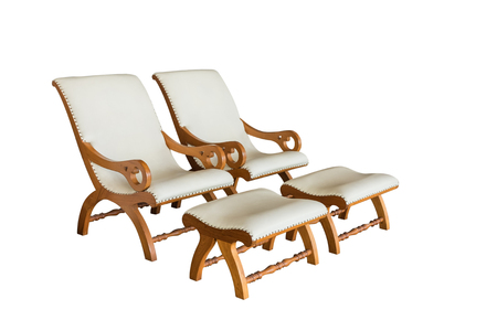 Two white leather armchairs with footrest, Isolated on white background.の写真素材