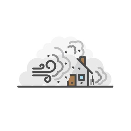 Storm, Wind destroy house. Natural disaster concept, Vector flat line icon.のイラスト素材