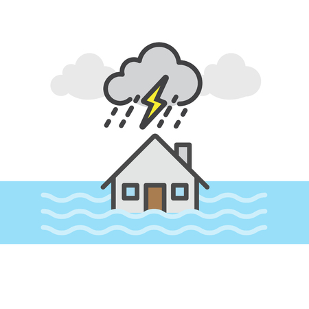 Rain, storm and flood , House flood, Natural disaster concept, Vector flat line icon.のイラスト素材