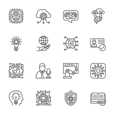 AI Artificial Intelligence technology and Machine Learning Icons, Vector thin line icons set.のイラスト素材
