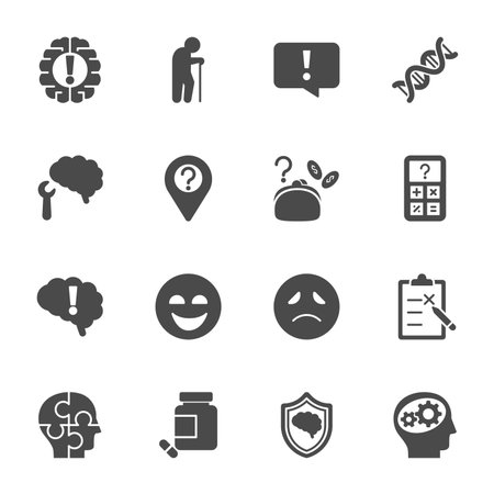 Alzheimer's Disease and Prevention, Health care and medical concept, Vector Solid icons setのイラスト素材