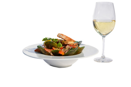 Seafood with wine on a white background.の写真素材