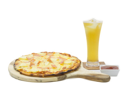 Pizza and beer on white background.の写真素材