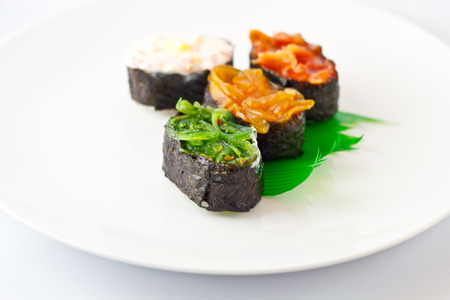 Sushi Assortment On White Dish, close upの写真素材