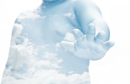 Blue sky background with a tiny clouds.の写真素材