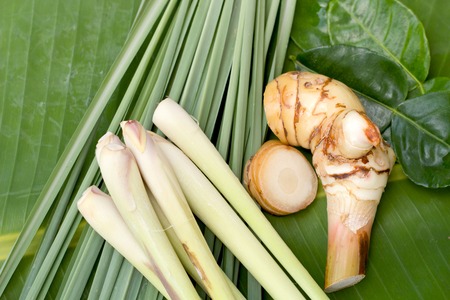 Lemon grass with leaf put on banana leaf.の写真素材