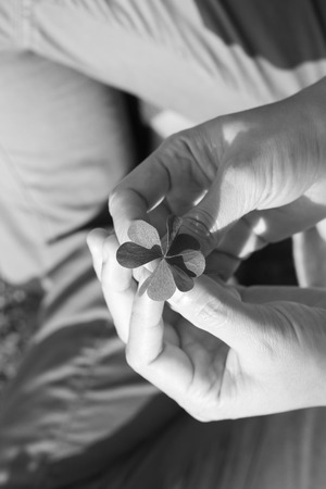 Asian Women's hands holding lucky clover leaf on green grass background.の写真素材