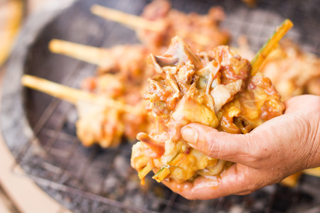 Chickens grilled on iron stove, fireplace, Traditional Thai style grilled chicken stick.の写真素材