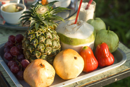 Fresh fruit in tray.