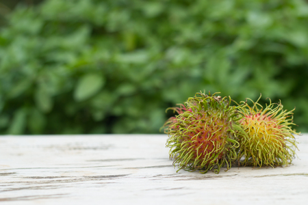 Fresh rambutan on wood background.の写真素材