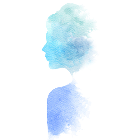 Double exposure illustration. Woman silhouette plus abstract water color painted. Digital art painting.の写真素材
