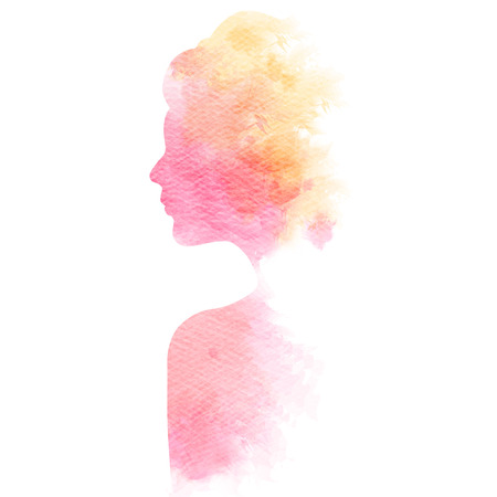 Double exposure illustration. Woman silhouette plus abstract water color painted. Digital art painting.の写真素材