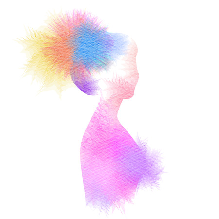 Double exposure illustration. Woman silhouette plus abstract water color painted. Digital art painting.の写真素材