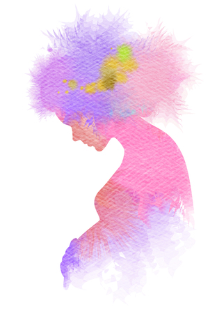 Double exposure Illustration of pregnant woman. Pregnant woman silhouette plus abstract water color painted. Digital art painting.の写真素材