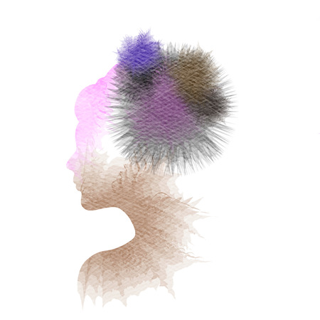 Double exposure illustration. Woman silhouette plus abstract water color painted. Digital art painting.の写真素材