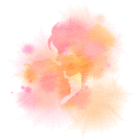 Side view of mother kissing her baby. Double exposure illustration. Mother and baby silhouette plus abstract water color painted. Digital art painting.の写真素材