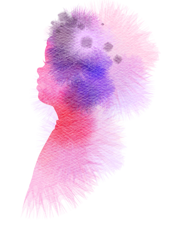 Llittle boy/girl silhouette plus abstract water color painted. Digital art painting.の写真素材