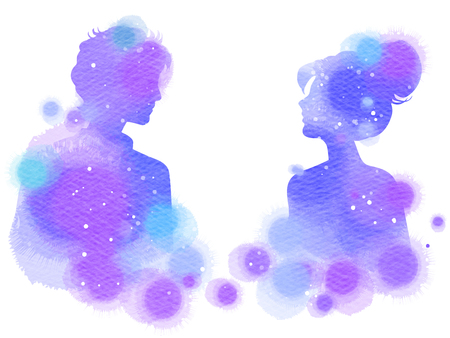 Romantic Valentine lovers silhouette on watercolor background. Love at first sign concept.の写真素材