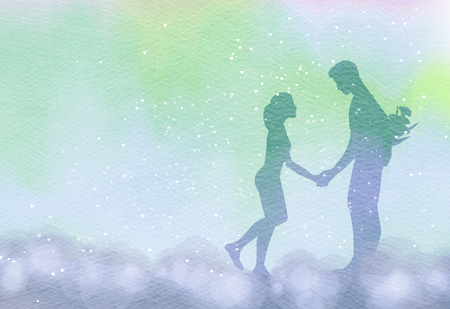 Young couple in love  silhouette on watercolor background. Romantic scene. Digital art painting.の写真素材