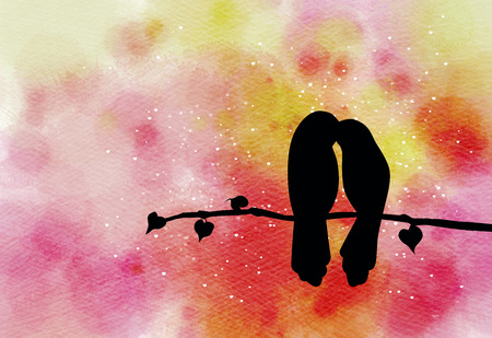 Birds lovers on a branch. Watercolor style. Digital art painting.の写真素材