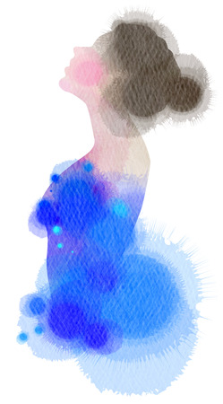 Fashion icon girl silhouette plus abstract water color. Digital art painting.の写真素材