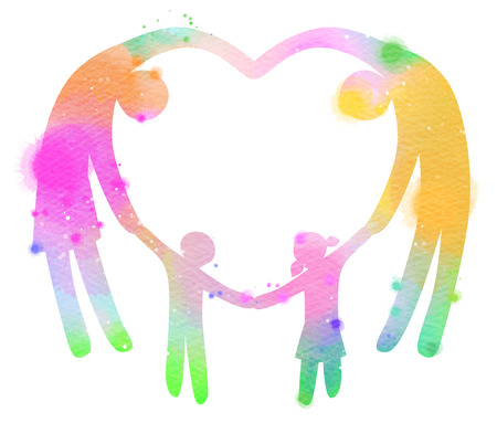 Double exposure illustration. Happy family making the heart sign silhouette plus abstract water color painted. Digital art painting.の写真素材