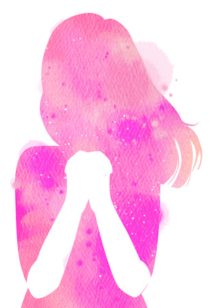 Watercolor of a girl praying or meditating. Digital art painting.の写真素材