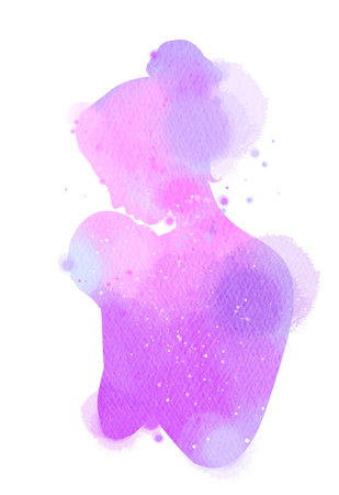 Double exposure illustration. Side view of Happy mother holding adorable child baby girl silhouette plus abstract water color painted. Digital art painting.の写真素材