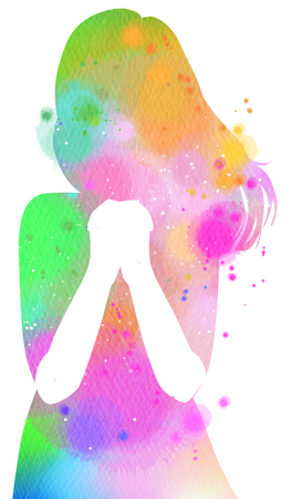 Watercolor of a girl praying or meditating. Digital art painting.の写真素材