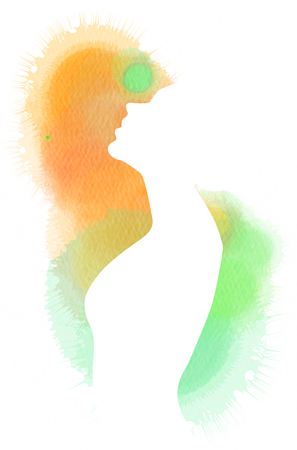 Fashion icon girl silhouette plus abstract water color. Digital art painting.の写真素材