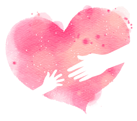 Silhouette of mother and baby's hands on pink heart, Watercolor style. Digital art painting.の写真素材