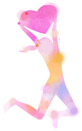Girl holding heart, Watercolor style. Digital art painting. Valentine's day.の写真素材