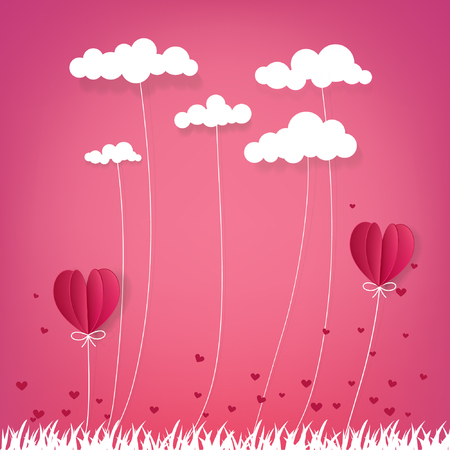illustration of love and valentine day,Hot air balloon flying over grass with heart float and cloud on the sky.paper art style.のイラスト素材
